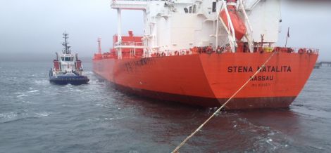 Bonxie undergoing sea and crew familiarisation trials in Sullom Voe harbour with the tanker Stena Natalita. Photo John Bateson