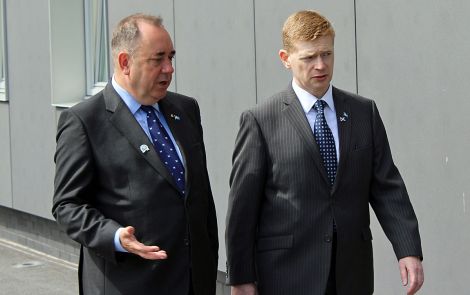 First minister Alex Salmond with SIC convener Malcolm Bell during his visit to Lerwick in July last year - Photo: ShetNews