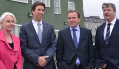 From left to right: Shetland Shellfish Management Organisation (SSMO)’s Carole Laignel, Shetland Fishermen’s Association chief officer Simon Collins, UK fishing minister George Eustice and Northern Isles MP Alistair Carmichael. Photo: Neil Riddell/Shetnews