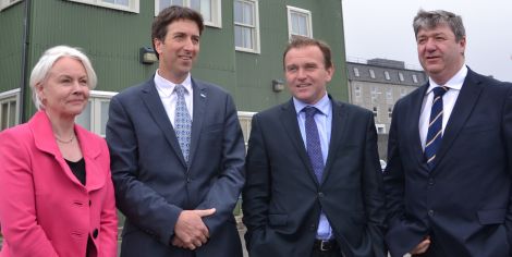 From left to right: Shetland Shellfish Management Organisation (SSMO)’s Carole Laignel, Shetland Fishermen’s Association chief officer Simon Collins, UK fishing minister George Eustice and Northern Isles MP Alistair Carmichael. Photo: Neil Riddell/Shetnews