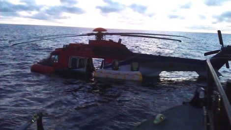 The Super Puma 225 LP in the water off Fair Isle - Photo: RNLI