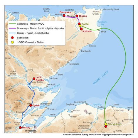 A map of the route the Caithness-Moray cable will take.