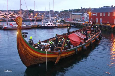 The 114-foot Draken Harald coming into Albert Wharf on Friday night. Photo: Ian Leask