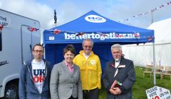 Ruth Davidson joining Better Together Shetland campaigners at their Cunningsburgh Show stall on Wednesday. Photo: Shetnews