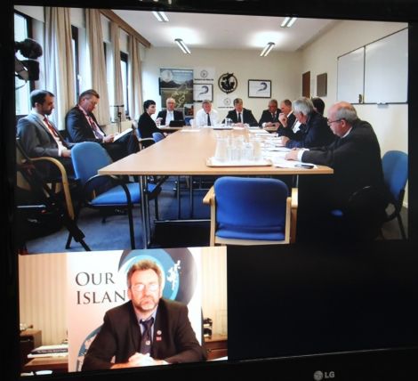 Alistair Carmichael launched the Framework for the Islands in Stornoway at a press conference beamed into Shetland College via video link. He sat between Western Isles Council leader Angus Campbell and Orkney islands Council chief executive Alistair Buchan. In the screen below OIC convener Steven Heddle was transmitting from Kirkwall.