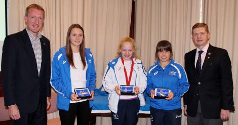 From left to right: Shetland MSP Tavish Scott, swimmer Andrea Strachan, bronze medal winning swimmer Erraid Davies, table tennis player Lynda Flaws and SIC convener Malcolm Bell. Photo: Davie Gardner