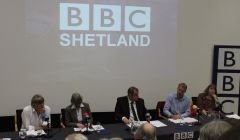 BBC Radio Shetland's John Johnston chairs the BBC referendum debate with Brian Smith and Jean Urquhart (right) for Yes and Tavish Scott and Susan Bowie for No. Photo Shetnews