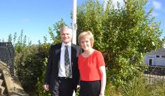 Deputy first minister Nicola Sturgeon, with SNP list MSP Mike Mackenzie, outside Islesburgh on Wednesday morning. Photo: Shetnews