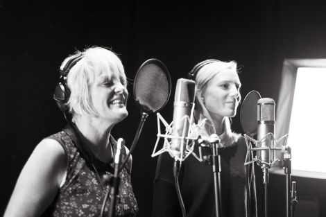 Freda Leask and Louise Thomason recording harmonies for the EP. Photo: Floortje Robertson