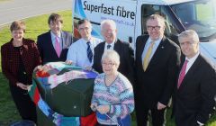 Launching superfast fibre with the help of Shetland’s own Hazel Tindall, the world’s fasted knitter, are (from left): HIE’s director of regional development Carroll Buxton, BT Scotland director Brendan Dick, director of Digital Highlands and Islands Stuart Robertson, the Advocate General for Scotland Lord Wallace, SIC leader Gary Robinson and Bill Murphy, BT’s managing director of Next Generation Broadband – Photo: Hans J Marter/ShetNews