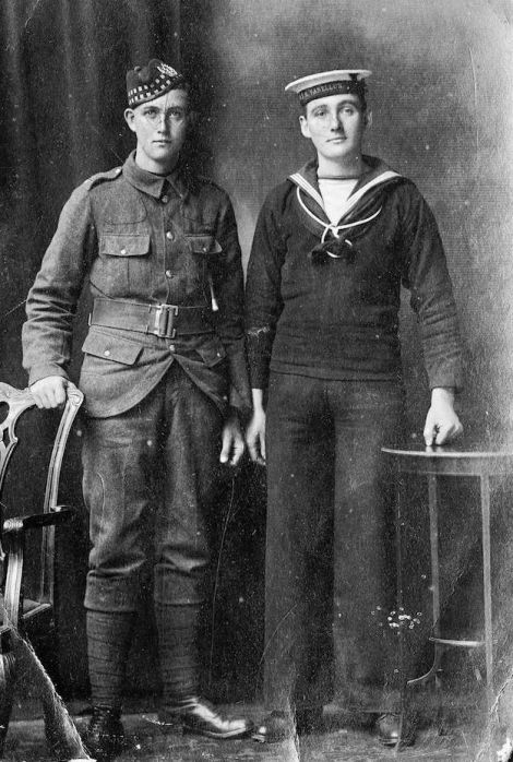 The Arthur brothers from Kirkigarth, Stromfirth, whose story is likely to be one of those explored by the WW1 project. Willie Arthur (left) was in the Gordon Highlanders, Jeemie served in the Royal Navy on HMS Vanellus. Photo Shetland Museum and Archives