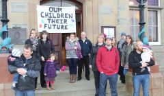 Urafirth parents outside Lerwick Town Hall on Wednesday morning. Photo: Shetnews/Hans Marter