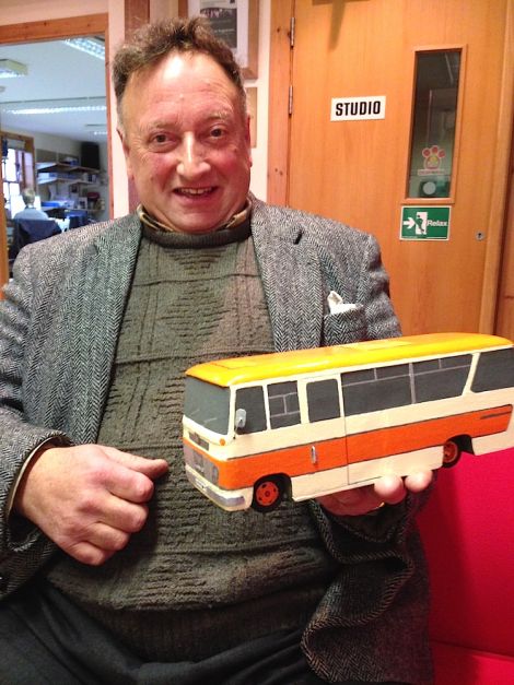 Ian Smith o Troswick with a 1965 Bedford Vasi model bus. The original, nicknamed 'Half Loaf' belonged to Halcrows of Hamnavoe first and was then sold to Shalders.