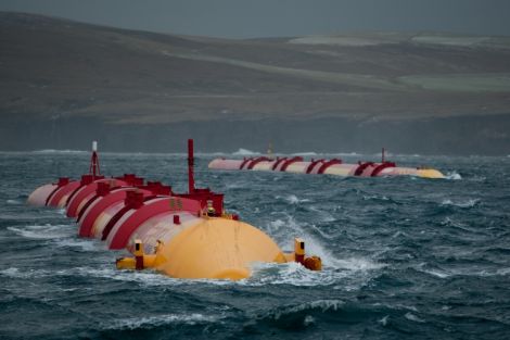 Not making waves. Two Pelamis wave generators being tested at the European Marine Energy Centre, off Stromness.