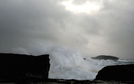 40 ft high waves battering the coastline at Scatness on Wednesday - Photo: Douglas Young