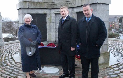 SIC convener Malcolm Bell (centre) with the Reverend Caroline Lockerbie and AHS history teacher Jon Sandison - Photo: Hans J Marter/ShetNews