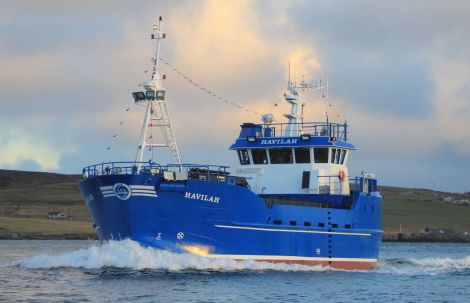 The brand new salmon feed carrier Havilah started work on Tuesday after arriving in Lerwick on Monday. Photo Ian Leask