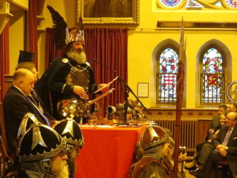 Guizer Jarl Neil Robertson speaking before assorted dignitaries at Lerwick Town Hall. Photo: Chris Brown