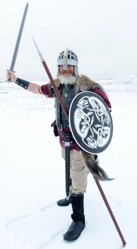 Well-armed! Jarl Ingvar Vittfarne wields his Damascus sword and spear. Photo Kevin Osborn