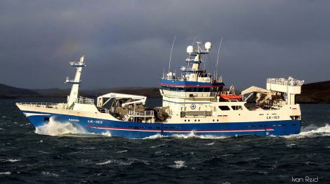 The Adenia leaving Whalsay on Sunday afternoon. Photo: Ivan Reid