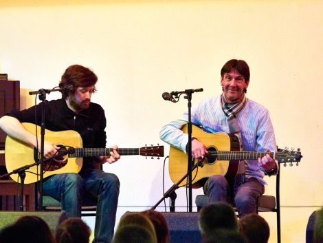 Father and son: Ivan Drever, on his first visit to Shetland in 22 years, was briefly joined by Kris Drever during last night's set. Photo: Chris Brown