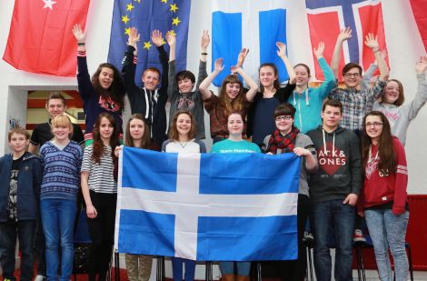 Pupils from Brae High School welcoming their European visitors - Photo: Gordon Stove