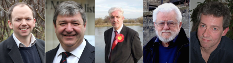 The five candidates (from left): Tory Donald Cameron, Lib Dem Alistair Carmichael, Labour's Gerry McGarvey, the SNP's Danus Skene and UKIP's Robert Smith.