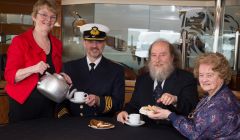 From left to right: President of the Lerwick Ladies Lifeboat Guild Hazel Anderson, MV Hrossey captain Allan Scott, Lerwick Lifeboat coxswain Bruce Leask and guild treasurer Bella Irvine. Photo: Ben Mullay