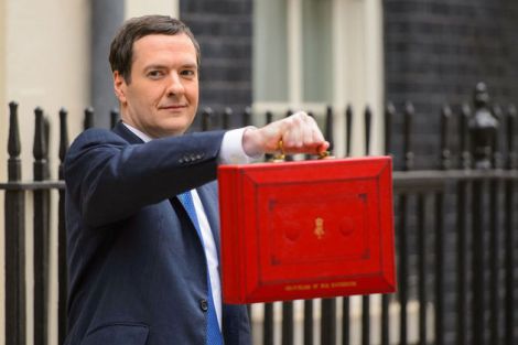 Chancellor George Osborne with the famous red budget box.