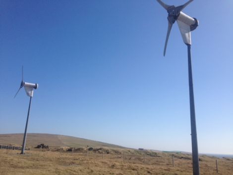 The two wind turbines that will produce the hydrogen, nitrogen and oxygen. Photo Unst Partnership