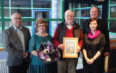 Ertie Nicolson was one of the original signatories of the trust deed that created the NAFC in the late 80s. From left: newly appointed joint chairman of NAFC Marine Centre Gordon Johnson, Margaret and Ertie Nicolson, Fiona Tulloch, and joint chairman Davie Sandison - Photo: NAFC Marine Centre