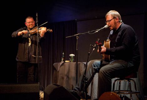 Saltfishforty duo Douglas Montgomery and Brian Cromarty on stage at Sandwick's Carnegie Hall on Sunday night. Photo: Dale Smith