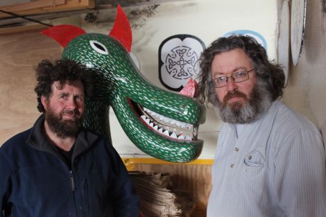 Unhappy Vikings: This year's Northmavine Guider Jarl Magnus Nicolson (left) with next year's Jarl James Titcomb in the galley shed they have occupied for the past 20 years. Photo Shetnews