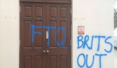 Irish nationalist graffiti sprayed across the front of the Lerwick Masonic Hall. Photo Neil Robertson