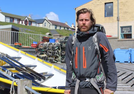 Long distance walker Arjen Ulrich In Hamnavoe this week - Photo: ShetNews