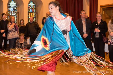 A demonstration of an Osoyoos Indian traditional dance at the town hall on Monday. Photo: Austin Taylor