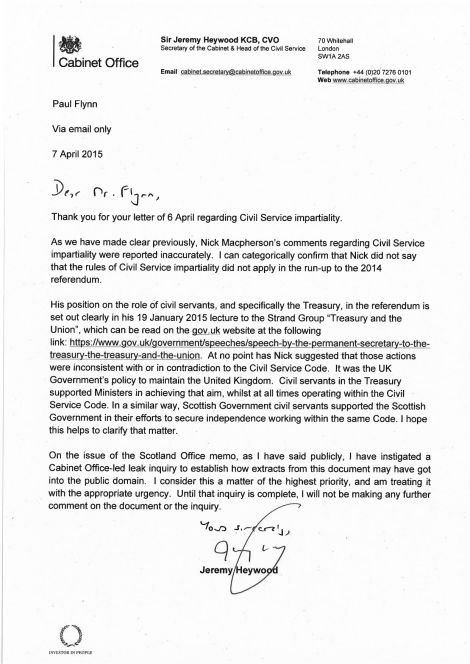 Sir Jeremy Heywood's reply to Paul Flynn MP - the last paragraph refers to the Carmichael leak inquiry.