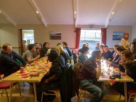 The musicians enjoying a bite to eat ahead of the Skeld concert. Photo: Chris Brown