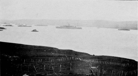 Merchant cruisers, colliers and tenders lying in Bustavoe around 1916.  A dozen ships can be seen - a tiny part of the blockade fleet that used the Navy base - Photo: Courtesy of Shetland Museum and Archives