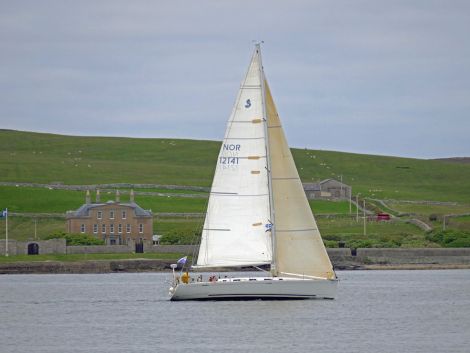 Serenity in full sail reaching the line at Lerwick on Thursday evening - Photo: John Anderson