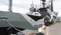 Skipper Lockhart MacLean beside Sea Shepherd's anti-whaling ship Sam Simon in Lerwick harbour ahead of their mission to stop the Faroe grind. Photo Yetti Biscuit