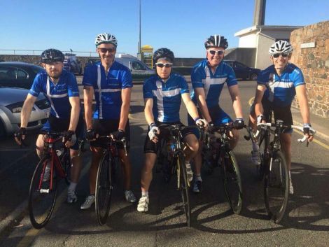 Shetland's men cyclists preparing to take on the road race in 30c+ temperatures yesterday. Photo courtesy of SIGA