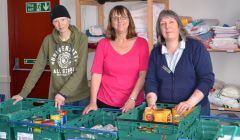 Rhiannon Jehu and Gill Gower are among several volunteers helping meet growing demand at the Salvation Army's Lerwick food bank. Photo: Shetnews/Neil Riddell