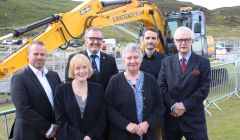 Contracts signed, let work commence. The management team, from left: Hub North Scotland chief executive Angus MacFarlane, SIC children's services director Helen Budge, SIC leader Gary Robinson, SIC education and families chair Vaila Wishart, project manager Trevor Smith and SIC chief executive Mark Boden. Photo Shetnews