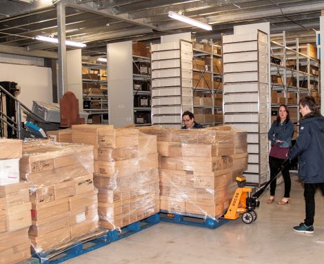 Some of the 24 pallets of artefacts that arrived at Shetland Museum after their long journey from Bradford.