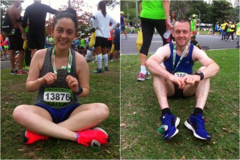 Shetland couple Annie McKee and Grant Johnson after completing the Rio half marathon on Sunday.