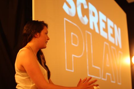 Local filmmaker Marjolein Robertson speaking during the Screenplay launch at Mareel on Tuesday night. Photo: Lauren Doughton