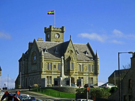 The rainbow flag flying above Lerwick town hall on 28 February last year to mark LGBT history month - Photo: John Anderson