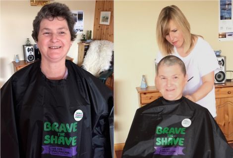 Before...and after: hairdresser Lorraine Sutherland tidies up Sue Skinner's new look that raised hundreds of pounds for the cancer charity MacMillan.