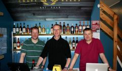 Beervana owners (l-r) Erik Burgess, William Sandison and Stuart Fox getting ready on launch day. Photo: Chris Cope/ShetNews